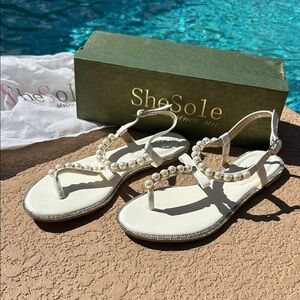 SheSole Elegant White Pearl and Rhinestone Sandals